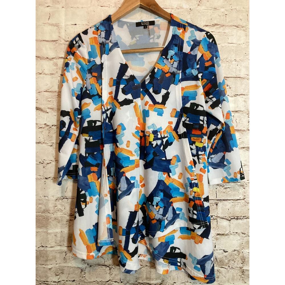 Lior Paris Tunic Top Womens Small Blue Artsy‎ Art To Wear Asymmetric Hem Stretch